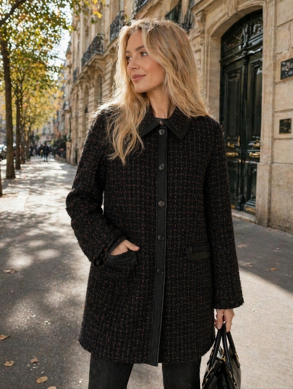 Women's Black Tweed Coat with Leather Trim.Grace Dane Lewis .pit To Pit 23"